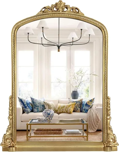 Espejo de pared tradicional con forma de arco adornado, espejo vintage para chimenea, decoración de repisa, oro antiguo, 36 pulgadas x 28 pulgadas,