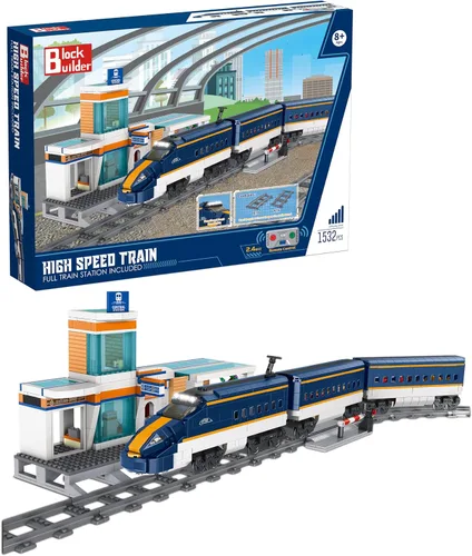 Block Builder Juego de bloques de construcción con control remoto de tren de alta velocidad con estación de tren completo (1532 piezas). Bloques de