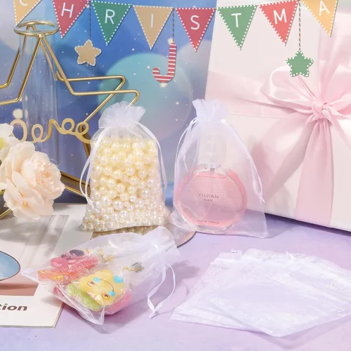 Miniatura 5 de Hopttreely 100 bolsas de organza transparentes premium, bolsas de regalo para bodas blancas, bolsas de joyería de 4 x 4.72 pulgadas para fiestas