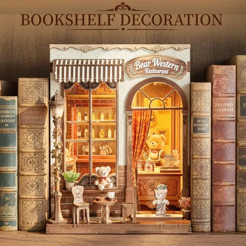 Miniatura 3 de Kit de rincón de libros, kit de casa de muñecas en miniatura para adultos, pastelería de panadería, kit de construcción de mini casa con LED, kit