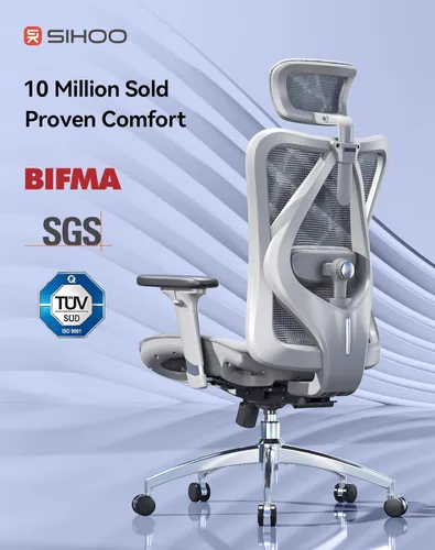 Miniatura 5 de SIHOO M57 Silla de oficina ergonómica de malla, silla de escritorio con respaldo alto para el hogar con reposabrazos 3D, soporte lumbar y Gris claro