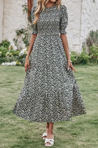 Miniatura 29 de BTFBM Vestidos para mujer, cuello redondo, casual, de verano, con volantes, manga corta, bohemio, con niveles, fruncido, largo, con estampado floral