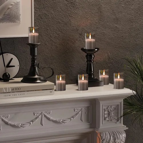Miniatura 6 de VIODAIM Paquete de 6 velas votivas de cristal parpadeantes sin llama con control remoto, velas votivas de cera real de 2 x 3 pulgadas, funcionan