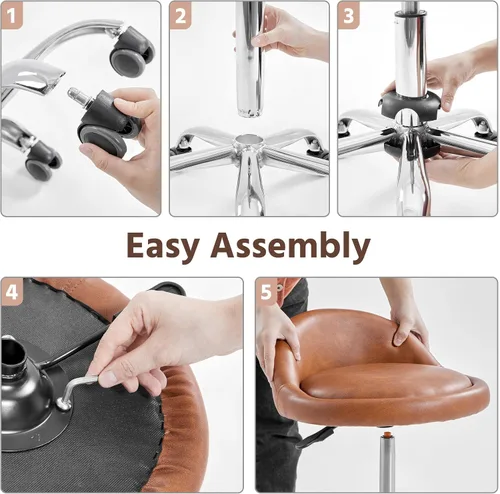Miniatura 5 de Yaheetech Taburete Rodante Ajustable Taburetes Giratorios Silla con Ruedas y Soporte para la Espalda Redondo Tatuaje Cuero PU Taburetes de Salón