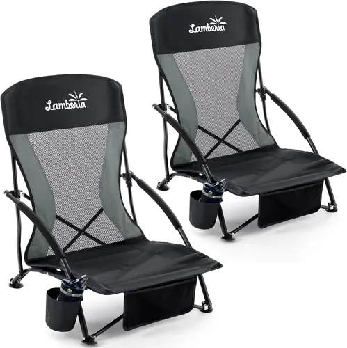 Lamberia Silla de playa plegable para adultos, paquete de 2, sillas de playa bajas portátiles con capacidad de 300 libras, silla de camping ligera y
