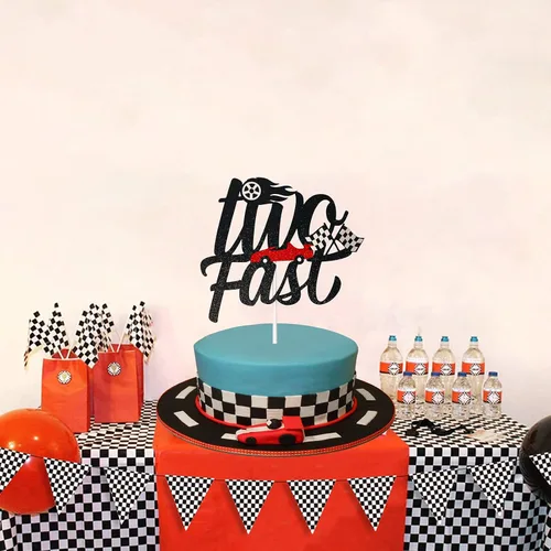 Miniatura 5 de Decoración para tartas con temática de carreras de 2º cumpleaños, suministros para niños y niños, cartel de bandera a cuadros de Hot Wheels
