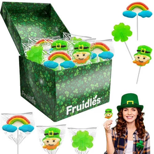 Miniatura 10 de Fruidles Paquete de 12 paletas con diseño de duende y arco iris del día de San Patricio, caja de recuerdos de fiesta, envueltas individualmente