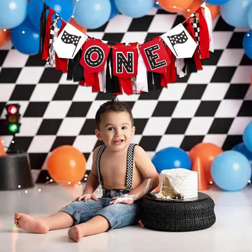 Miniatura 3 de Cartel para silla alta de Racing Car One, decoración de fiesta de primer cumpleaños para bebé, decoración rápida de fiesta de cumpleaños rojo