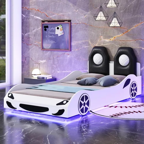 Miniatura 13 de Cama de plataforma en forma de auto de carreras de tamaño individual con ruedas y almacenamiento, base de cama de plataforma de madera maciza