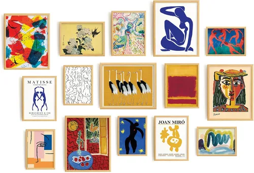 Juego de 15 decoraciones eclécticas de pared, arte geométrico abstracto floral vintage, pintura minimalista moderna, decoración maximalista para el
