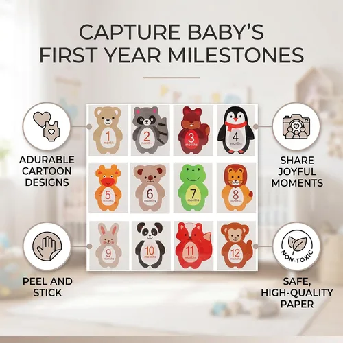 12 calcomanías mensuales de género neutro para bebé, niño o niña, crea hermosos recuerdos con nuestros bonitos diseños de animales