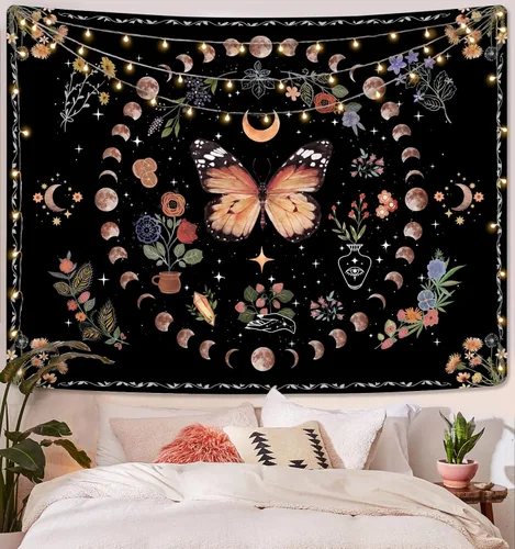 Miniatura 33 de Fowocu Tapiz bohemio con mandala floral para colgar en la pared, medallón de flores bohemias, tapiz estético, beige, naranja, hippie, indio, pequeño