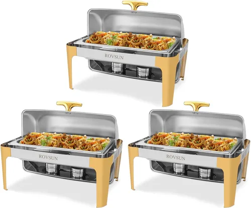 Miniatura 3 de ROVSUN Juego de platos de bufé con tapa enrollable de 9 cuartos de galón, con detalles dorados, de acero inoxidable rectangular para catering