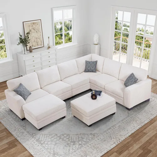Miniatura 13 de Legend Vansen Sofá modular de gran tamaño, sofá en forma de U de 7 asientos con otomana, sofá de pana con asiento profundo, sofás seccionales Gris
