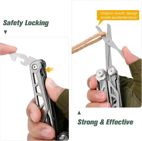 Miniatura 5 de FLYHOMES Cuchillo de bolsillo multiherramienta, alicates multiherramienta 16 en 1 con bloqueo de seguridad, tijeras, destornillador y sierra