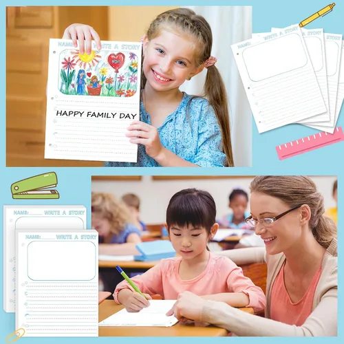Miniatura 6 de 50 hojas de papel de escritura de historias de 8.5 x 11 pulgadas para niños, papel de dibujo y escritura de hojas sueltas de 3/4 pulgadas de regla