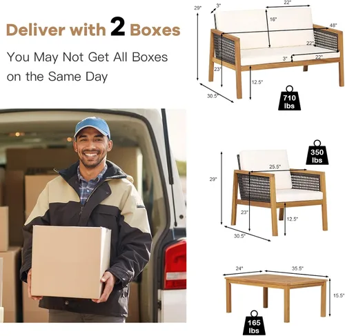 Miniatura 2 de COSTWAY Juego de muebles de mimbre para patio, sofá de mimbre para exteriores con marco de madera de acacia, mesa auxiliar y cojines