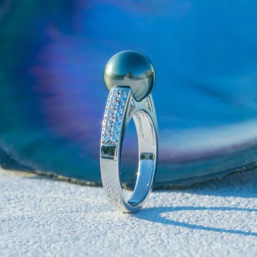 Miniatura 4 de Anillo de perlas negras de Tahití de calidad AAA, perla cultivada natural del mar del sur, 0.36 cttw moissanita, anillos de plata esterlina S925