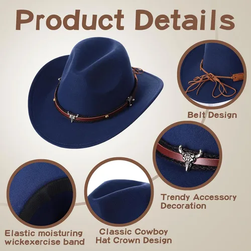 Miniatura 3 de Foaincore 4 sombreros de vaquero occidentales unisex de piel sintética americana, sombreros de fieltro de ala ancha, gorra de viaje de fieltro
