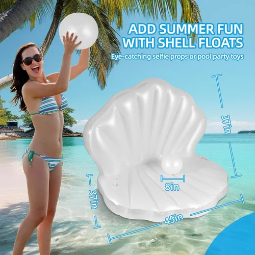 Miniatura 5 de Flotador de Piscina Inflable de Concha Marina Engrosado de 52", Silla de Balsa Flotante Gigante para Piscina con Bolas de Perlas, para Fiestas
