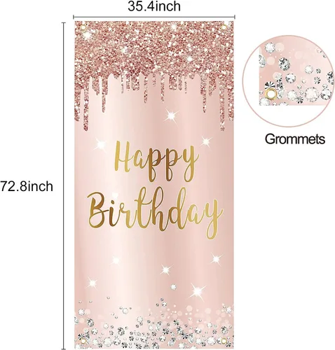 Miniatura 3 de Cartel de feliz cumpleaños de oro rosa rosa para mujer, pancarta de feliz cumpleaños para puerta y suministros de fiesta, grande 16, 21, 30, 40, 50