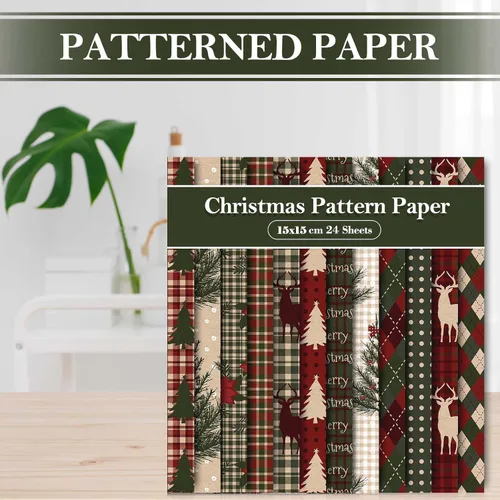 Miniatura 4 de Whaline 24 hojas de papel con patrón de Navidad, papel de cuadros para bosque, papel especial para álbum de recortes, doble cara, para manualidades