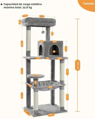 Miniatura 7 de MUTTROS Árbol para gatos de interior, torre para gatos de varios niveles de 44.5 pulgadas con hamaca grande de marco de metal, condominio para gatos