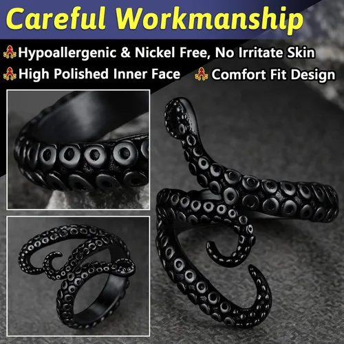 Miniatura 5 de FaithHeart Anillo de tentáculo de pulpo, unisex, de pez diablo, anillos punk, para hombres y mujeres, acero inoxidable, chapado en oro de 18