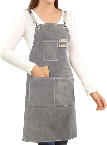 Miniatura 7 de Delantal de lona de algodón con espalda cruzada para pintar, jardinería, chef, barman, trabajo, impermeable, ajustable, con 3 bolsillos
