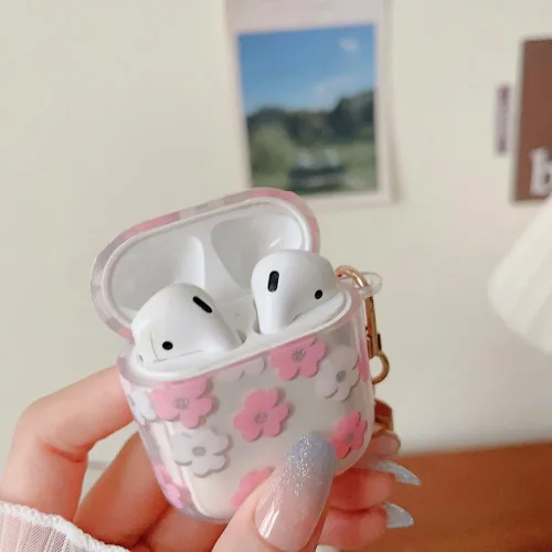Miniatura 4 de MINSCOSE Funda transparente compatible con AirPods 1/2, bonito diseño de patrón de flores de dibujos animados con llavero floral, funda protectora