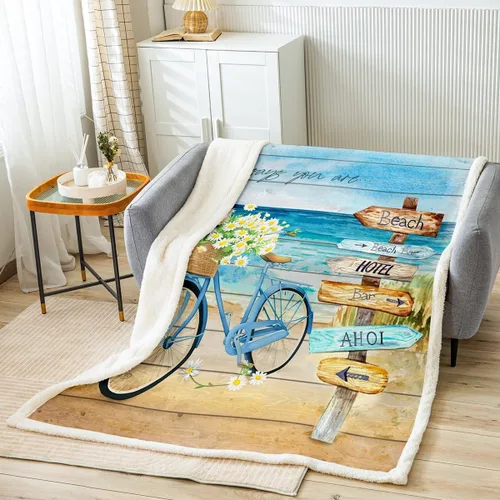 Manfei Manta de playa de verano, manta floral de bicicleta para sofá, manta de cama de tablones de madera rústica para niños y niñas, decoración de
