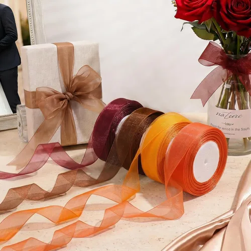 Miniatura 6 de Organza Ribbon Sheer Ribbon, 1" x 125 Yd 5 Rolls Fall for Gift Wrapping, Bouquet, Wedding, Party Decoration, Autumn