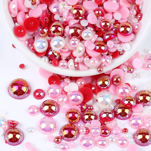 Miniatura 37 de Perlas con parte trasera plana para manualidades, 50g Mezcla Azul Rosa Blanco Medias perlas para manualidades, Tamaño mixto 3/4/5/6/8/10mm Perlas