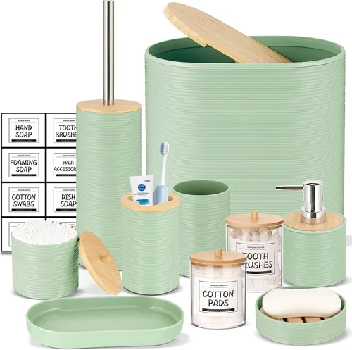 Miniatura 21 de IMAVO Juego de accesorios de baño - Juego de 11 piezas de accesorios de baño beige con cubo de basura, dispensador de jabón, jabonera, soporte