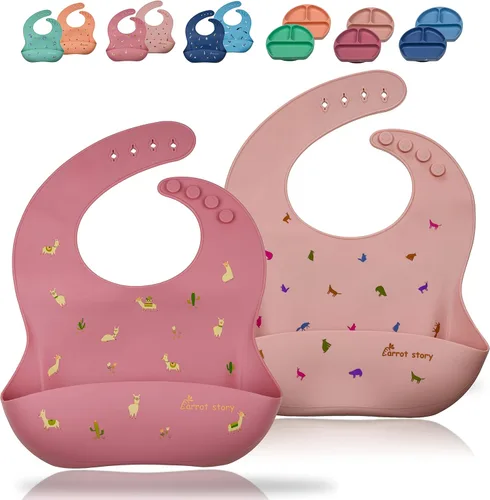Miniatura 10 de Baberos de bolsillo 100% de silicona para bebés, baberos lavables impermeables, sin BPA, aptos para microondas y lavavajillas, juego de 2