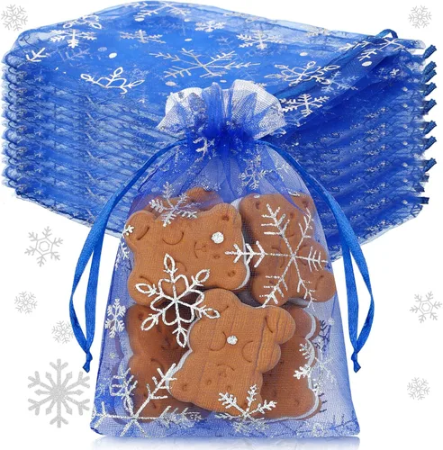 Miniatura 8 de Roowest 100 bolsas de regalo de organza con copos de nieve de 4 x 6 pulgadas, pequeñas bolsas de malla para joyas, mini cordón para dulces, bolsas