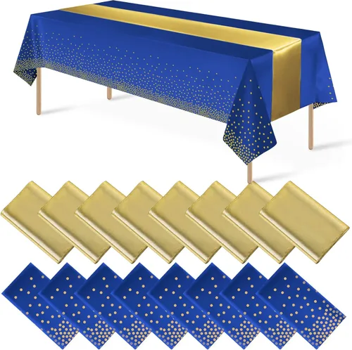 Miniatura 16 de 16 paquetes de manteles de plástico desechables y juego de camino de mesa de satén negro dorado con puntos dorados para graduación, boda