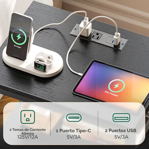 Miniatura 6 de Huuger - Mesita de noche con estación de carga y luces LED, mesita de noche con 2 cajones, mesa auxiliar de cama con estante abierto, mesa auxiliar