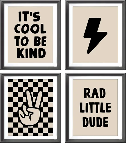 Miniatura 15 de Cartel de mano retro a cuadros negros y blancos preppy relámpago de la paz para decoración de habitación de niños, decoración divertida de Rad