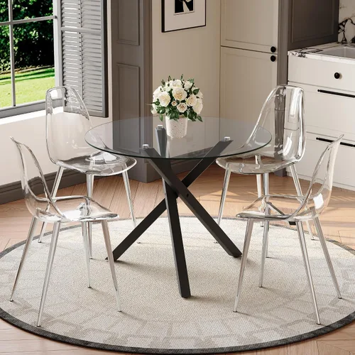 Miniatura 37 de Juego de mesa de comedor redonda para 6, juego de mesa de comedor de vidrio de 39 pulgadas con base de metal ajustable dorada en forma de X y 6