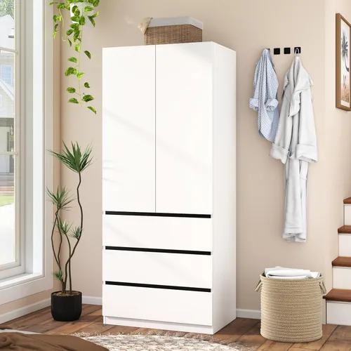 Miniatura 8 de Armario con cajones: armario grande de 75 pulgadas con 6 puertas para colgar ropa, modernos armarios de madera con 6 cajones y almacenamiento