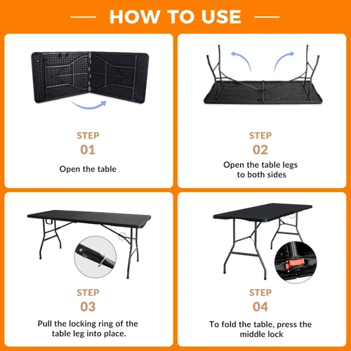 Miniatura 5 de Lakhow Mesa plegable de plástico portátil resistente de 6 pies, plegable por la mitad, mesa plegable para interiores y exteriores con fiestas, Negro