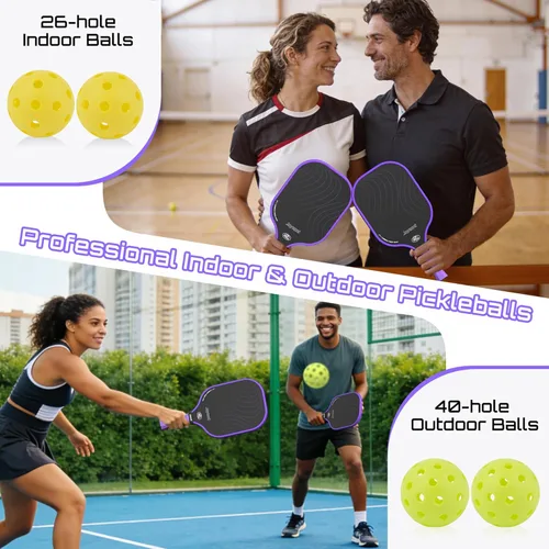 Miniatura 7 de Juego de 2 palas de pickleball aprobadas por USAPA de fibra de carbono con raquetas de pickleball para principiantes, bolas de pepinillo para Púrpura