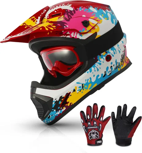 TCMT Casco de motocross para jóvenes, certificado por DOT, casco de motocross ATV de cara completa para niños con gafas, guantes y bolsa para casco