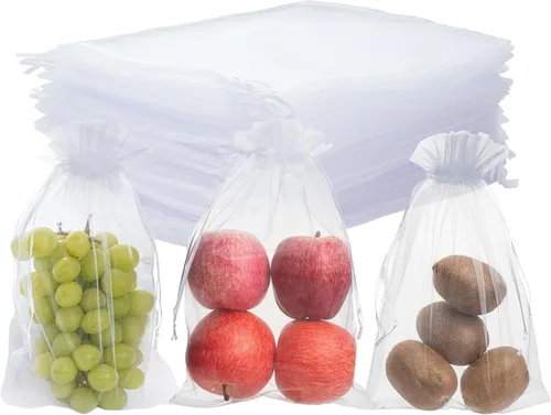 QPRETTY DU 100 bolsas de organza, protectores de frutas de malla blanca de 8 x 12 pulgadas con cordón para uvas, mango, verduras, jardín