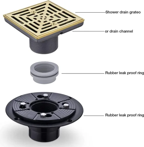 Miniatura 5 de RANDOM Drenaje de ducha de 4 pulgadas cuadrado dorado cepillado con brida de base de PVC ajustable, drenaje de piso de ducha de acero inoxidable