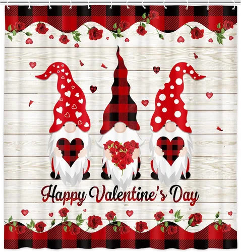 Miniatura 11 de NYMB Cortina de ducha de San Valentín con corazón rosa, romántica con purpurina y lindo gnomo en caída romántica de corazones rojos, cortina