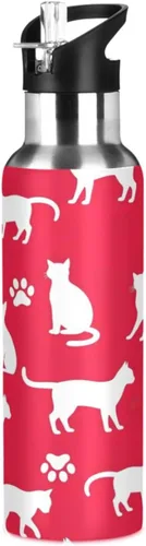 White Cat Paw Prints Red Insulated Stainless Steel Water Bottle with Straw 20 Oz Leakproof Water Bottles, BPA-Free Sport Water Bottle Insulated