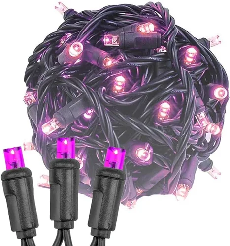 Novelty Lights Guirnalda de luces navideñas de 11 pies, 50 bombillas LED rosas en cable negro, espacio de 2.5 pulgadas, iluminación conectable de