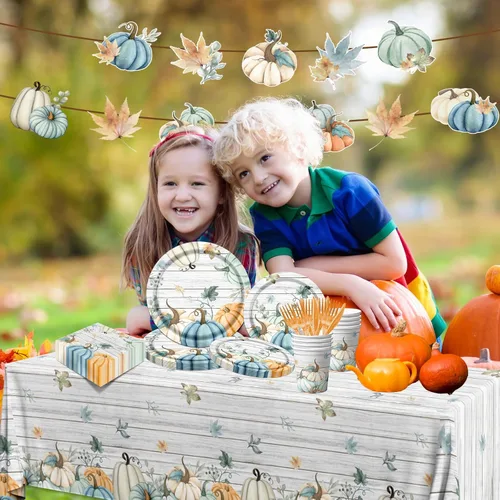 Miniatura 3 de 142 platos y servilletas para fiesta de otoño, suministros para fiesta, platos de calabaza de acuarela y servilletas, vasos, manteles y cubiertos